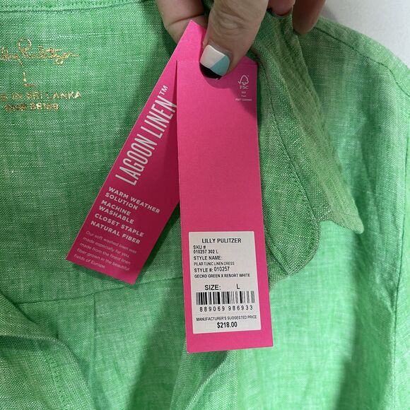 Lilly Pulitzer Dress Women’s Large Gecko Green Pilar Linen Tunic W/ Belt Resort - Picture 5 of 9